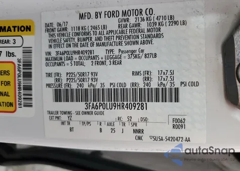 2017 Ford Fusion Se Hybrid из США, поврежденный, VIN 3FA6P0LU9HR409281